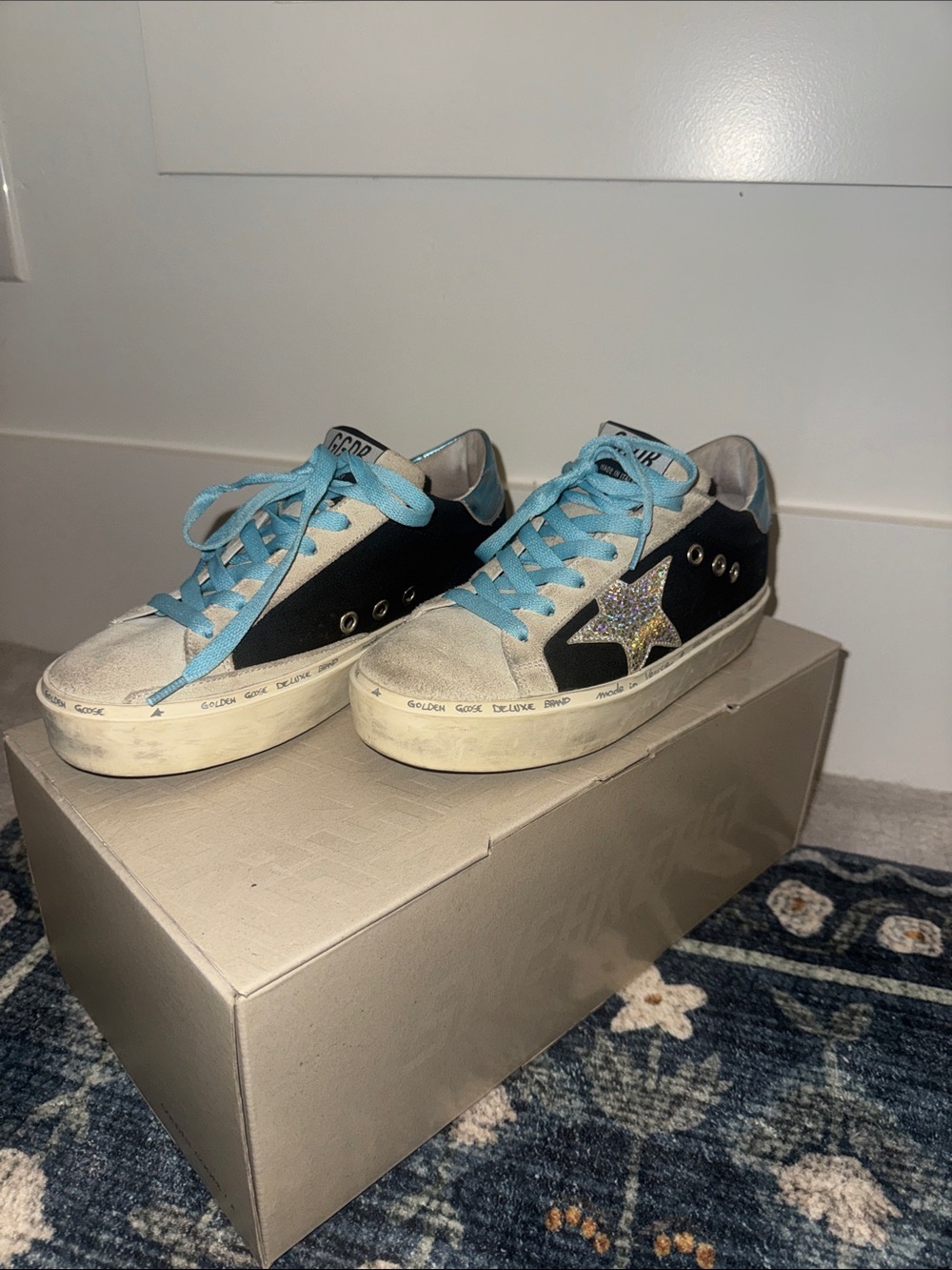 Golden Goose Hi Star Sneakers with Light Blue Laces and Glitter Star